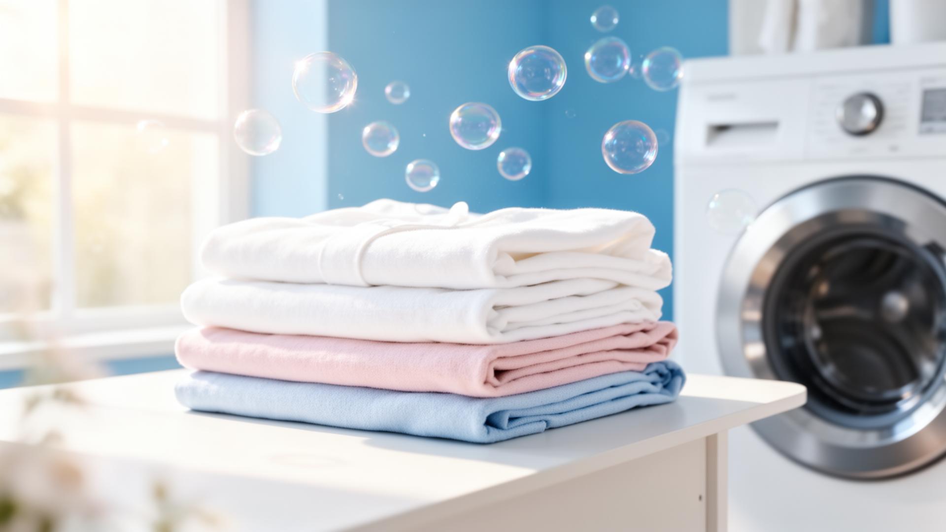 Freshly folded laundry stack by a washing machine